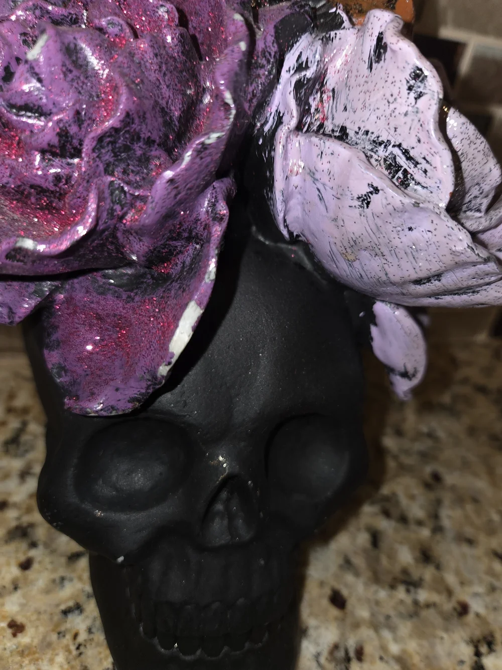Black Resin Decorative Halloween Skull with Purple Lavender & Orange Flowers